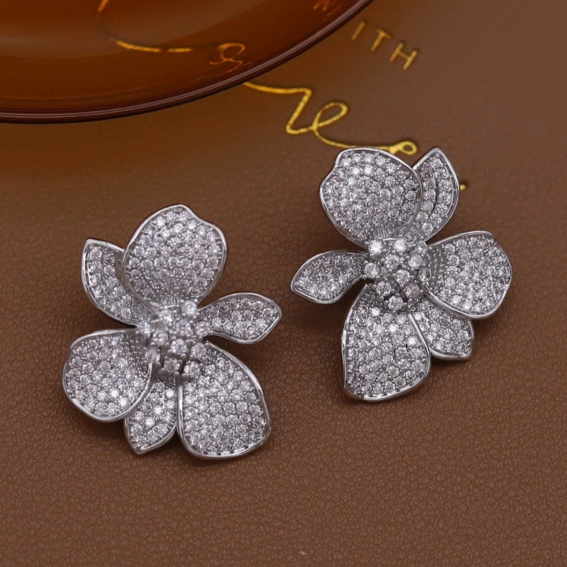 French new design fashion jewelry 14K gold plated luxury zircon exaggerated flower earrings elegant women's party accessories