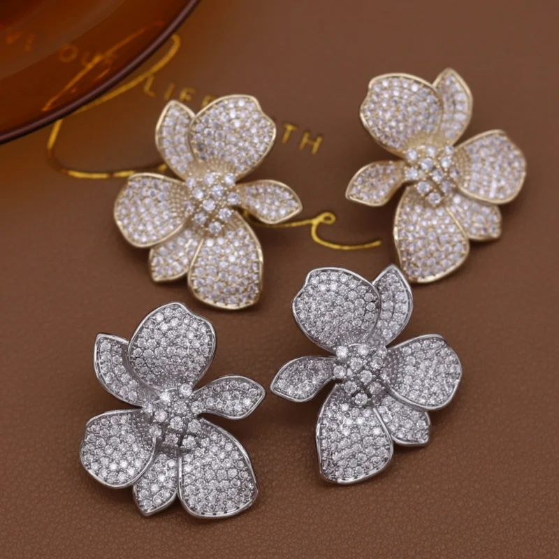 French new design fashion jewelry 14K gold plated luxury zircon exaggerated flower earrings elegant women's party accessories