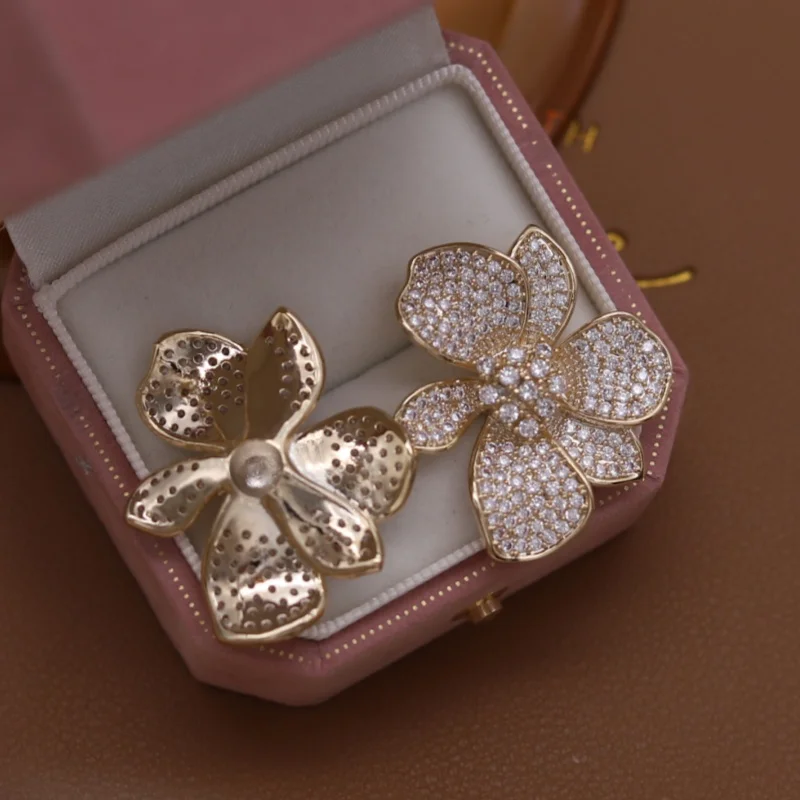 French new design fashion jewelry 14K gold plated luxury zircon exaggerated flower earrings elegant women's party accessories
