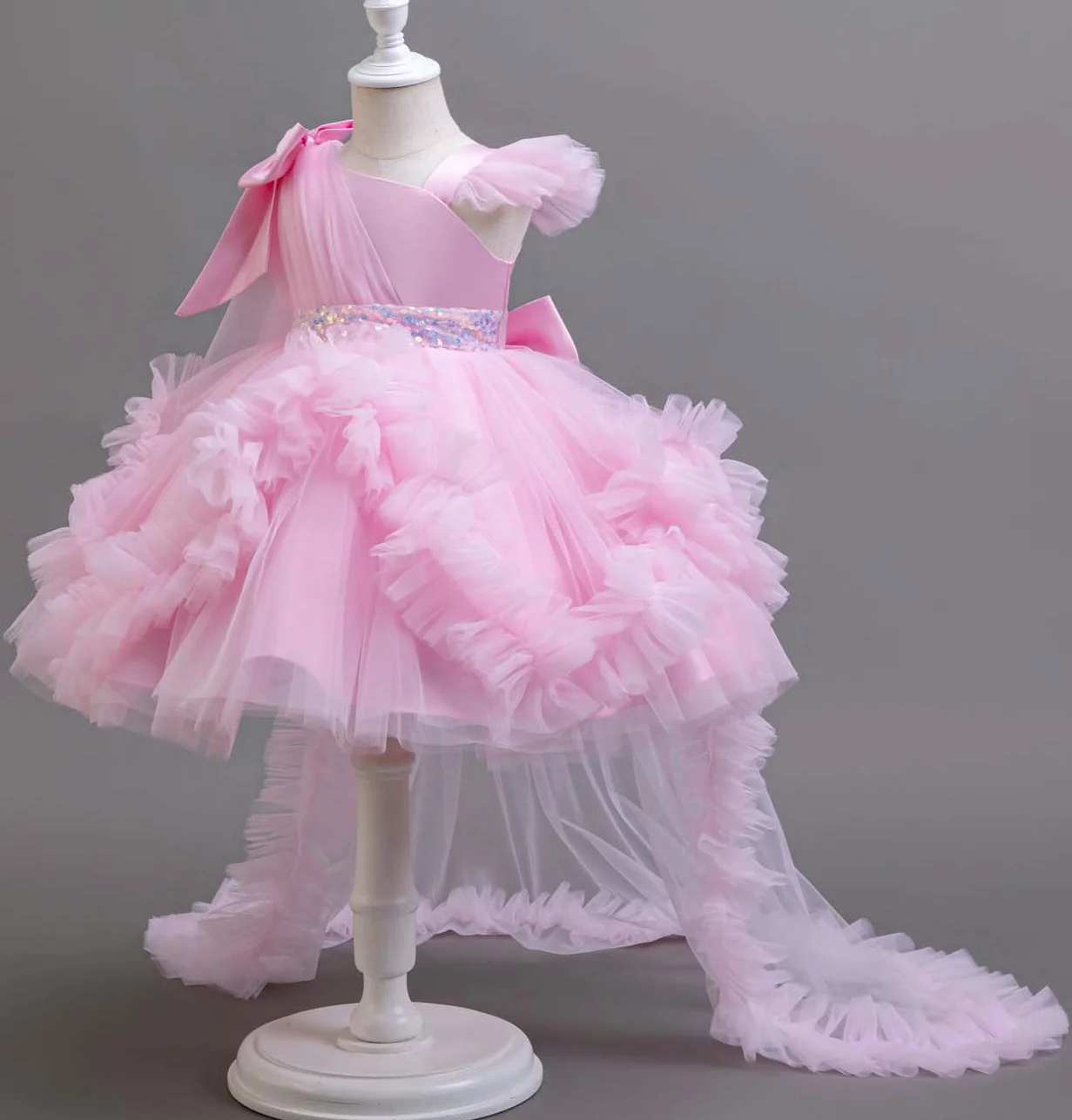 KLFLGD New Summer Girls Party Dresses Flower Girl Wedding Elegant Party Dress 2-6 Year Old Girl Pink Tulle Tail Dress