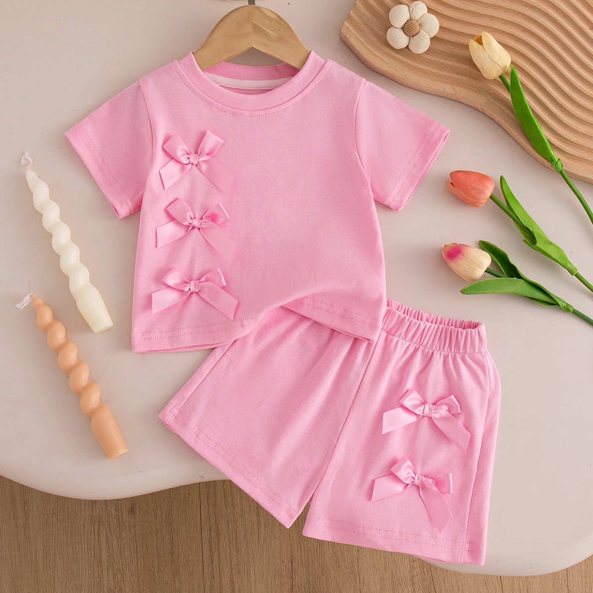 Baby Girl Set Summer Solid-Color Bow Short-Sleeve Top and Shorts Baby Girl Clothes Cute Beach Baby Outfit Set