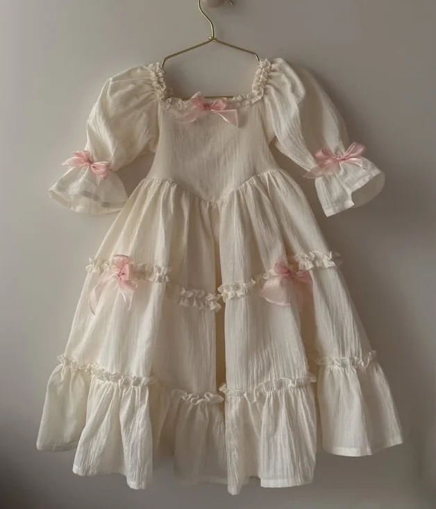 Dress Children Girl 2025 Summer New Style Cotton Bow Petal Sleeve Square Collar Ruched Tiered Skirt Courtly Style Princess