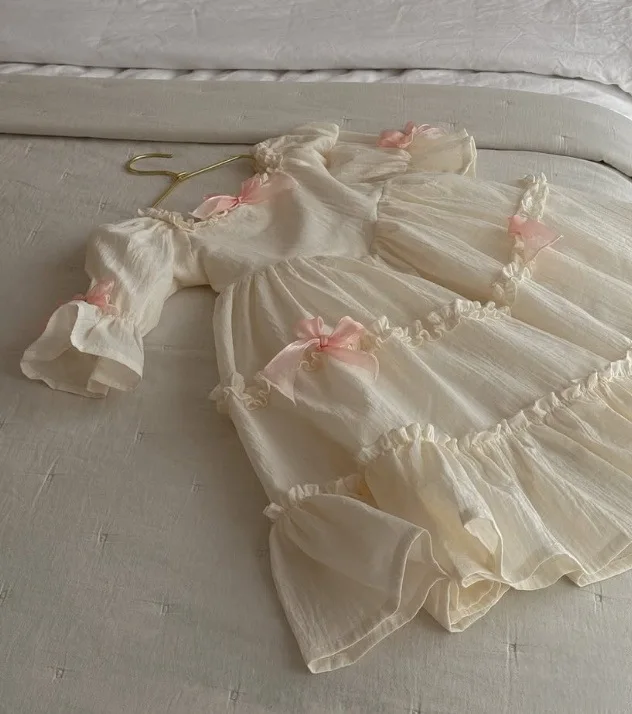 Dress Children Girl 2025 Summer New Style Cotton Bow Petal Sleeve Square Collar Ruched Tiered Skirt Courtly Style Princess