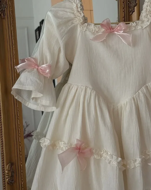 Dress Children Girl 2025 Summer New Style Cotton Bow Petal Sleeve Square Collar Ruched Tiered Skirt Courtly Style Princess