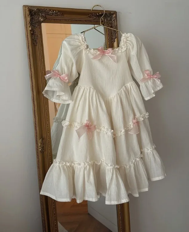 Dress Children Girl 2025 Summer New Style Cotton Bow Petal Sleeve Square Collar Ruched Tiered Skirt Courtly Style Princess