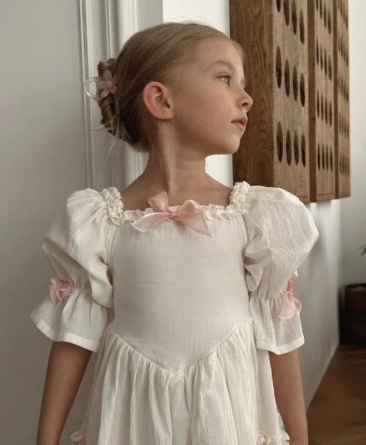 Dress Children Girl 2025 Summer New Style Cotton Bow Petal Sleeve Square Collar Ruched Tiered Skirt Courtly Style Princess