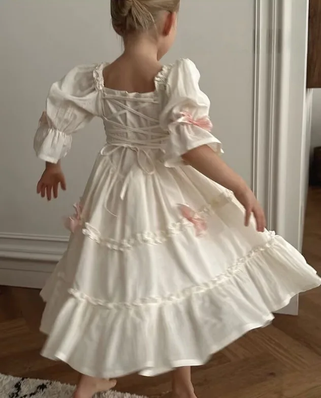 Dress Children Girl 2025 Summer New Style Cotton Bow Petal Sleeve Square Collar Ruched Tiered Skirt Courtly Style Princess
