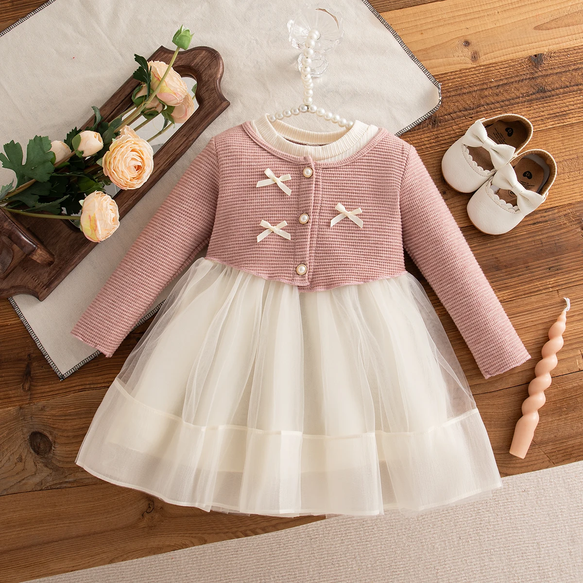 Autumn Toddler Baby Girl Pink Dress Bow Gentle Long Sleeved Yarn Dresses for Girl Party Dress
