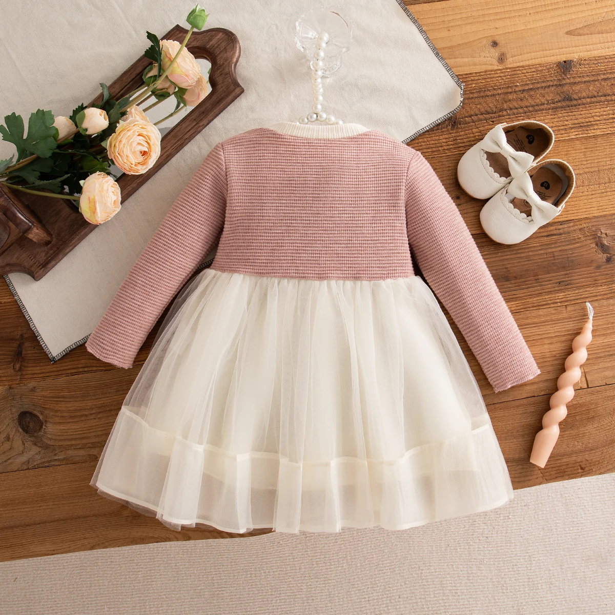 Autumn Toddler Baby Girl Pink Dress Bow Gentle Long Sleeved Yarn Dresses for Girl Party Dress