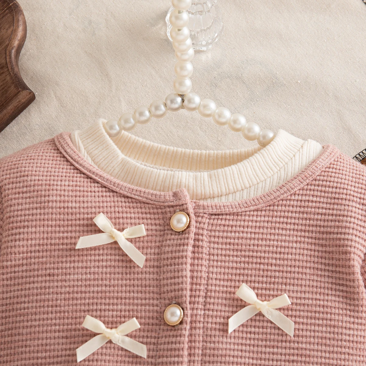 Autumn Toddler Baby Girl Pink Dress Bow Gentle Long Sleeved Yarn Dresses for Girl Party Dress