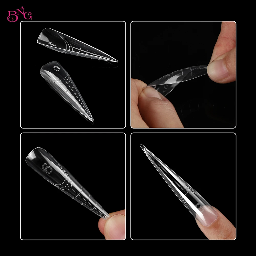 BNG New 70/140Pcs Clear Nail Dual Form Poly Extension Gel Molds Reusable Acrylic Nail Forms 12 Types False Tips with Scale Line