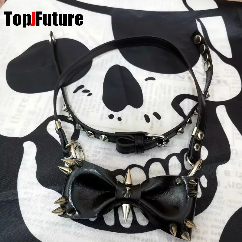 Women Personality Y2K Punk Harajuku Cool Gothic Lolita Necklace Halloween PU Rivet Bow Cosplay Party Chokers Choker Tie Hairpin