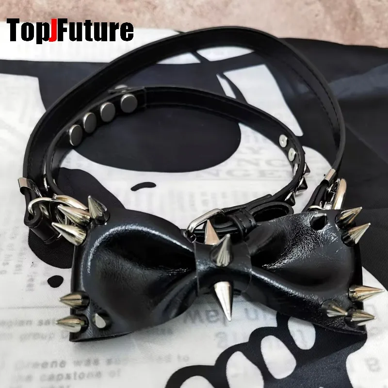 Women Personality Y2K Punk Harajuku Cool Gothic Lolita Necklace Halloween PU Rivet Bow Cosplay Party Chokers Choker Tie Hairpin
