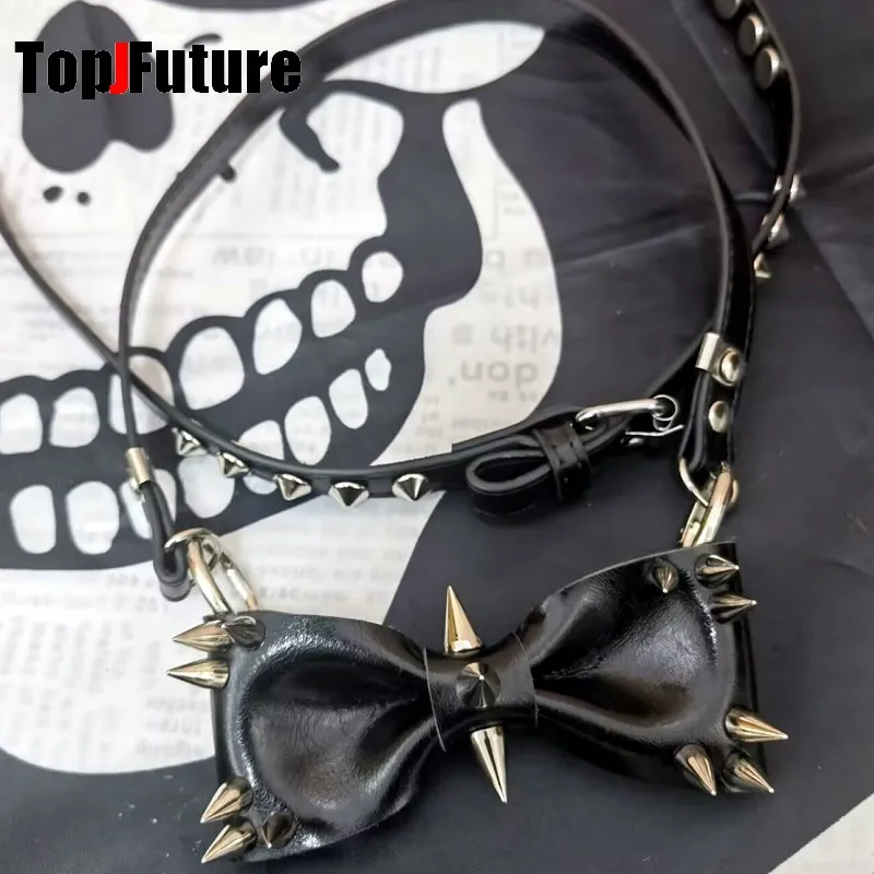 Women Personality Y2K Punk Harajuku Cool Gothic Lolita Necklace Halloween PU Rivet Bow Cosplay Party Chokers Choker Tie Hairpin