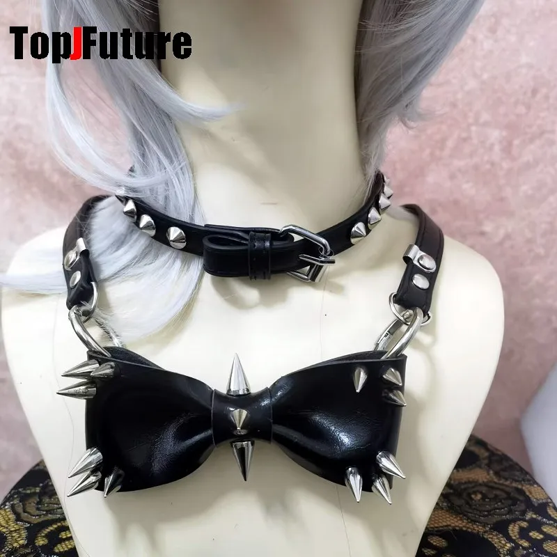Women Personality Y2K Punk Harajuku Cool Gothic Lolita Necklace Halloween PU Rivet Bow Cosplay Party Chokers Choker Tie Hairpin