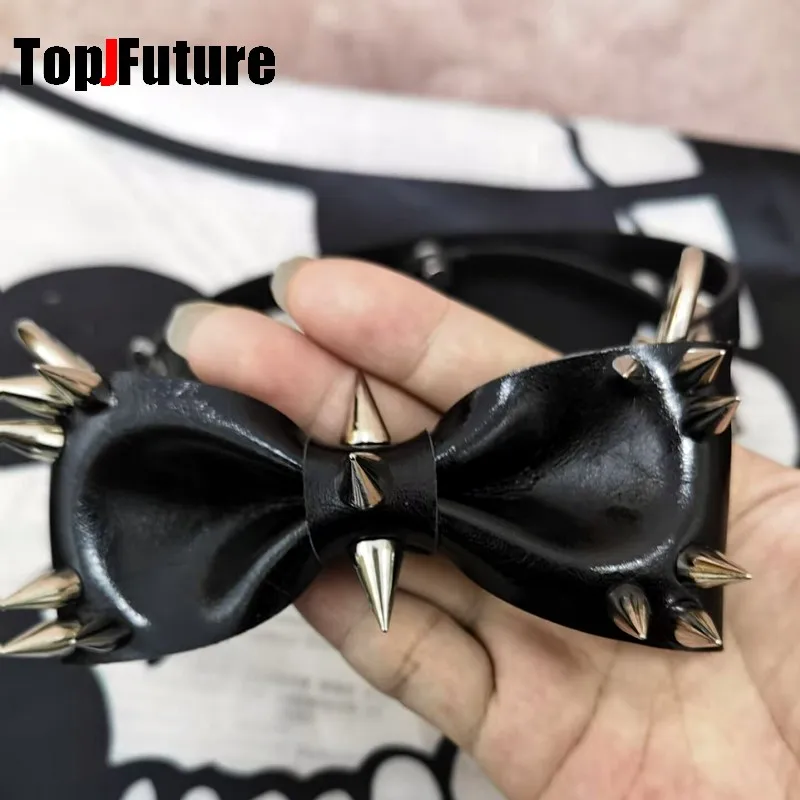 Women Personality Y2K Punk Harajuku Cool Gothic Lolita Necklace Halloween PU Rivet Bow Cosplay Party Chokers Choker Tie Hairpin