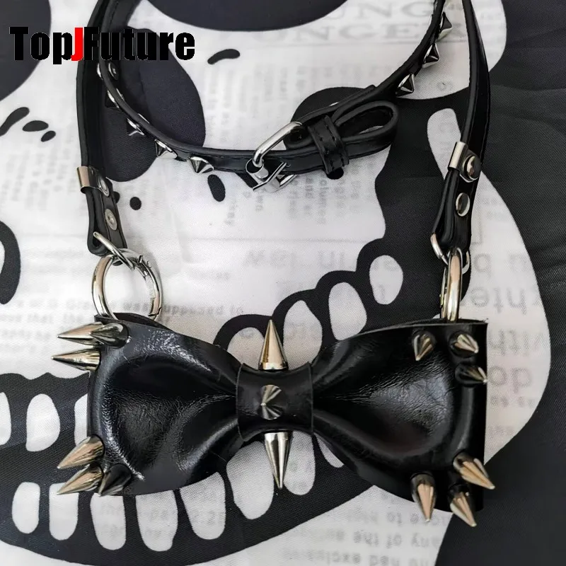 Women Personality Y2K Punk Harajuku Cool Gothic Lolita Necklace Halloween PU Rivet Bow Cosplay Party Chokers Choker Tie Hairpin