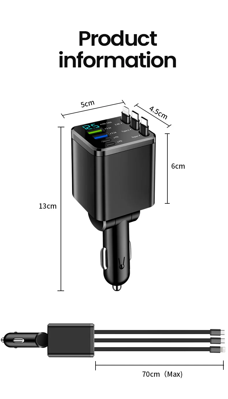 Elough 7 In 1 Car Charger Retractable USB C To ios Cable For iPhone Samsung Car Phone Charger USB Cigarette Lighter QC Adapter