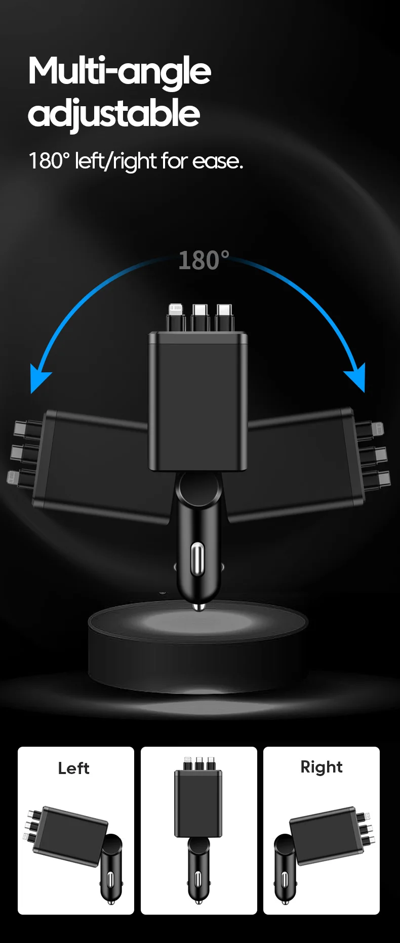 Elough 7 In 1 Car Charger Retractable USB C To ios Cable For iPhone Samsung Car Phone Charger USB Cigarette Lighter QC Adapter