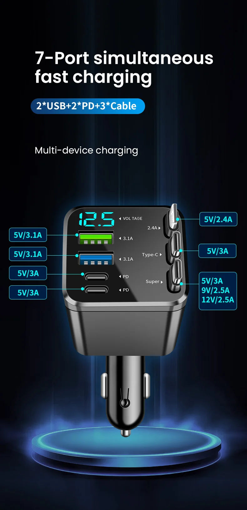 Elough 7 In 1 Car Charger Retractable USB C To ios Cable For iPhone Samsung Car Phone Charger USB Cigarette Lighter QC Adapter