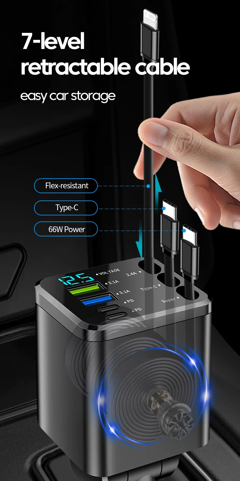 Elough 7 In 1 Car Charger Retractable USB C To ios Cable For iPhone Samsung Car Phone Charger USB Cigarette Lighter QC Adapter