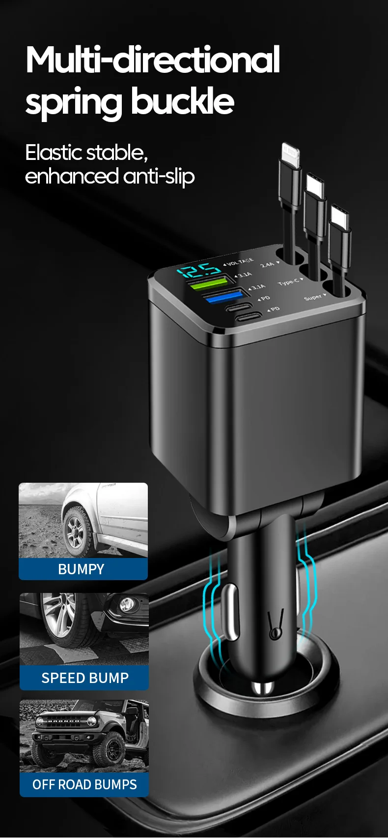 Elough 7 In 1 Car Charger Retractable USB C To ios Cable For iPhone Samsung Car Phone Charger USB Cigarette Lighter QC Adapter