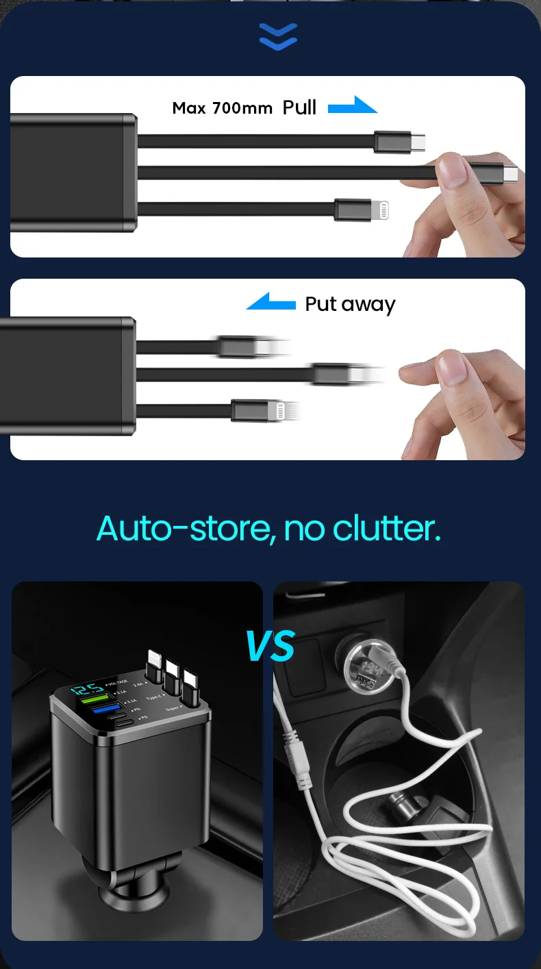 Elough 7 In 1 Car Charger Retractable USB C To ios Cable For iPhone Samsung Car Phone Charger USB Cigarette Lighter QC Adapter