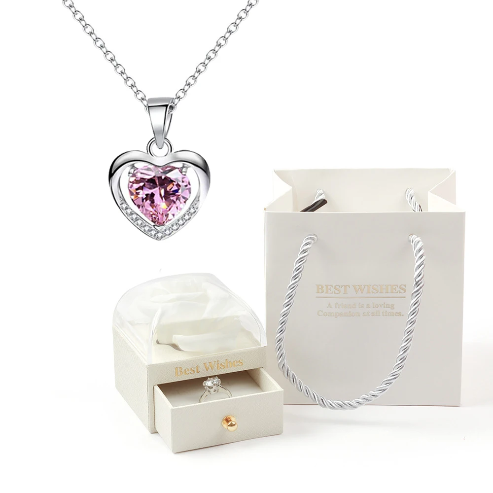 Heart Pendant Necklaces For Women With Rose Flower Gift Box Girlfriend Mother Family Birthday Fashion Romantic Surprise Gifts