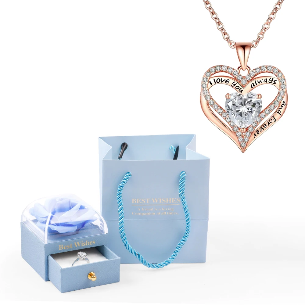 Heart Pendant Necklaces For Women With Rose Flower Gift Box Girlfriend Mother Family Birthday Fashion Romantic Surprise Gifts