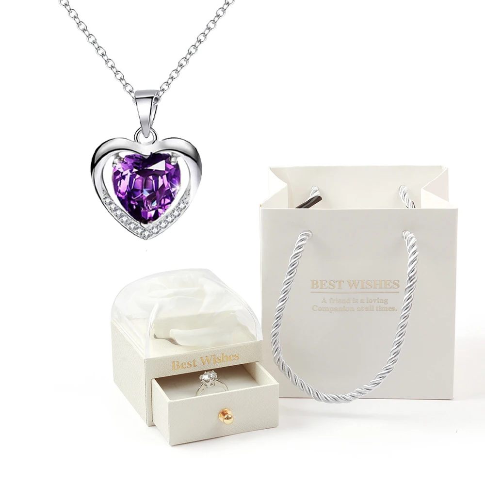 Heart Pendant Necklaces For Women With Rose Flower Gift Box Girlfriend Mother Family Birthday Fashion Romantic Surprise Gifts