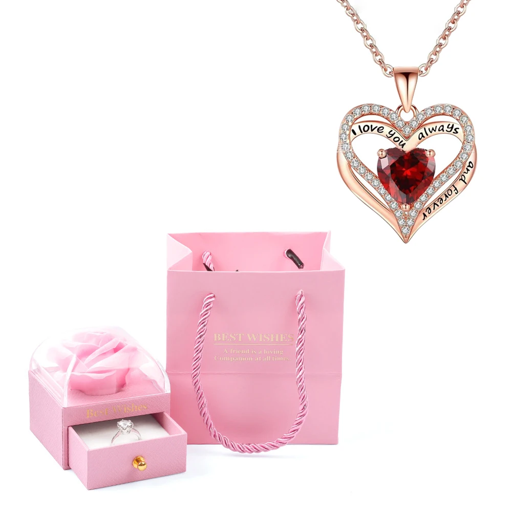 Heart Pendant Necklaces For Women With Rose Flower Gift Box Girlfriend Mother Family Birthday Fashion Romantic Surprise Gifts