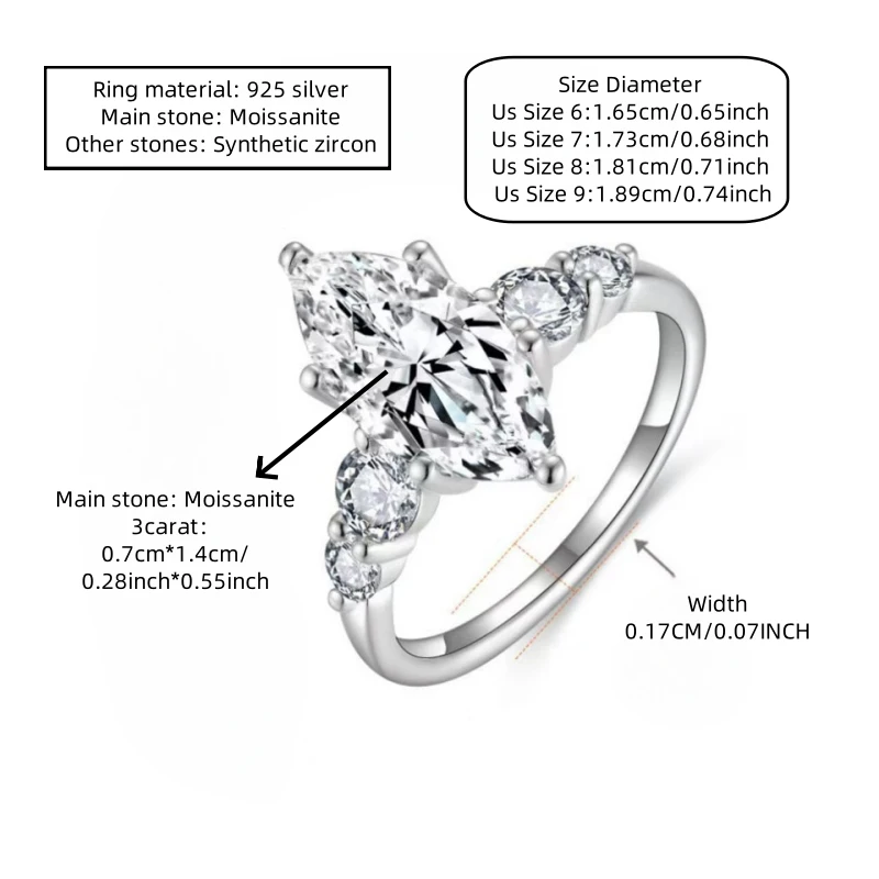 A 925 Silver 3 Carat Horse Eye Moissanite Special-Shaped Ring Fashionable Classic Men's and Women's Couple Ring Wedding Ring
