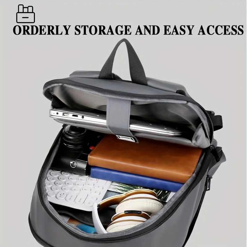 One men's plain business backpack with a luggage strap for commuting.