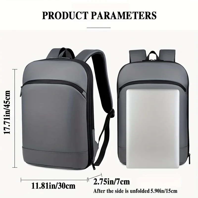 One men's plain business backpack with a luggage strap for commuting.