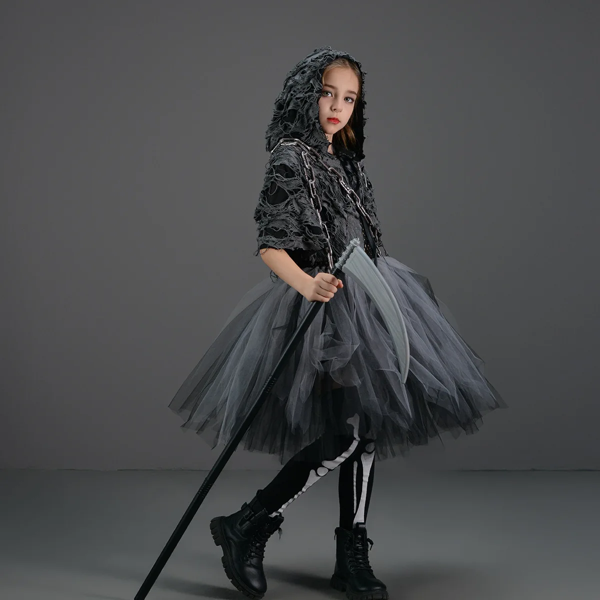 Halloween Death Dress Up Costume With Hoodies Girls Evil Role Playing Tulle Tutu Kids Carnival Party Fancy Sickle Chain Clothes