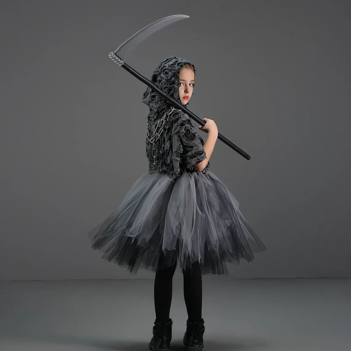 Halloween Death Dress Up Costume With Hoodies Girls Evil Role Playing Tulle Tutu Kids Carnival Party Fancy Sickle Chain Clothes