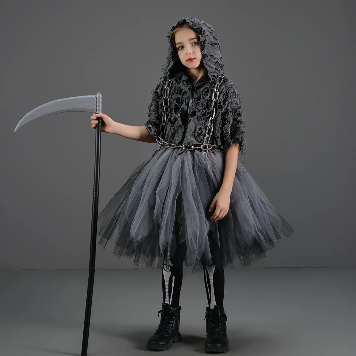 Halloween Death Dress Up Costume With Hoodies Girls Evil Role Playing Tulle Tutu Kids Carnival Party Fancy Sickle Chain Clothes
