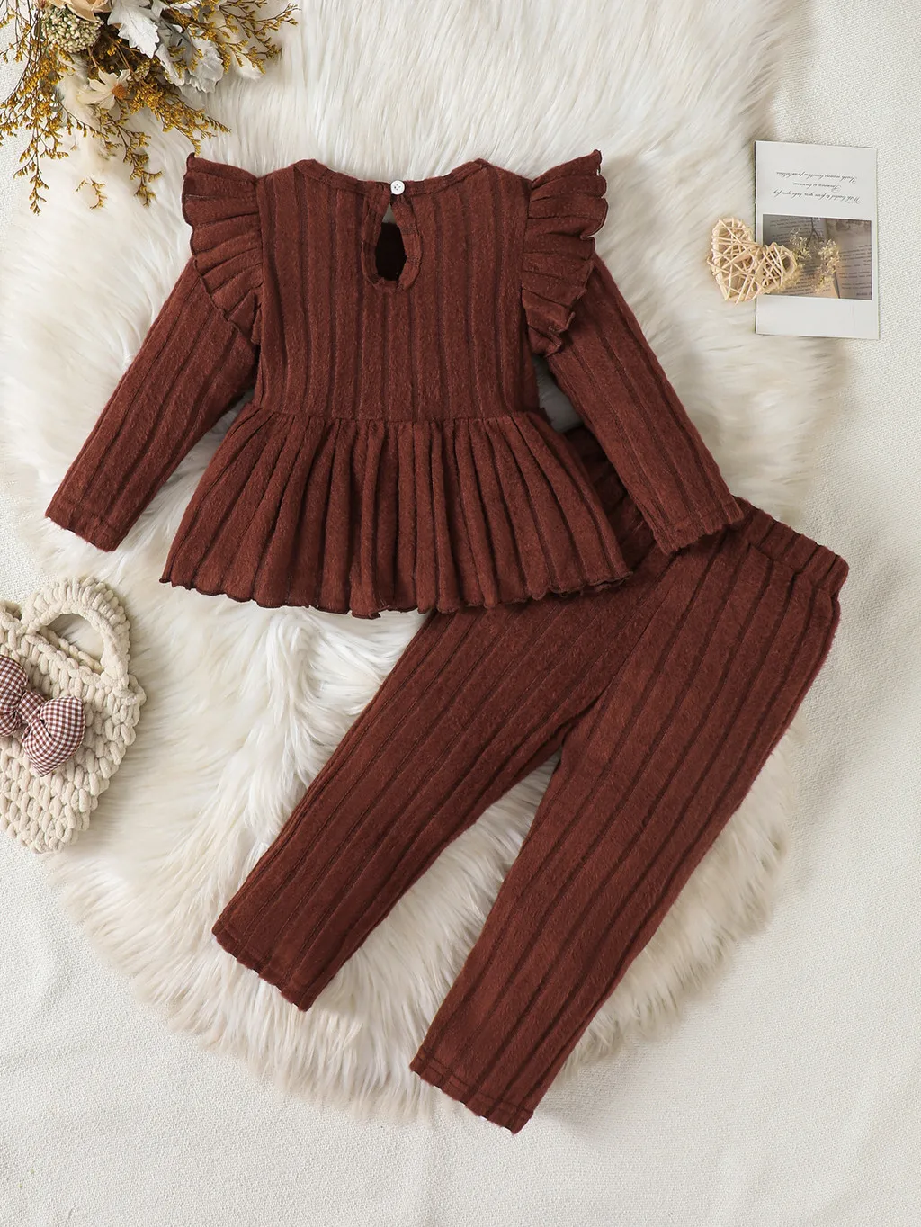 2Pcs Baby Girl Clothes Outfit 2-3 Years Infant Ruffle Long Sleeve Bow Peplum Top + Striped Pants Set Autumn Newborn Baby Apparel