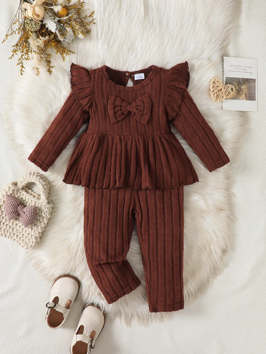2Pcs Baby Girl Clothes Outfit 2-3 Years Infant Ruffle Long Sleeve Bow Peplum Top + Striped Pants Set Autumn Newborn Baby Apparel