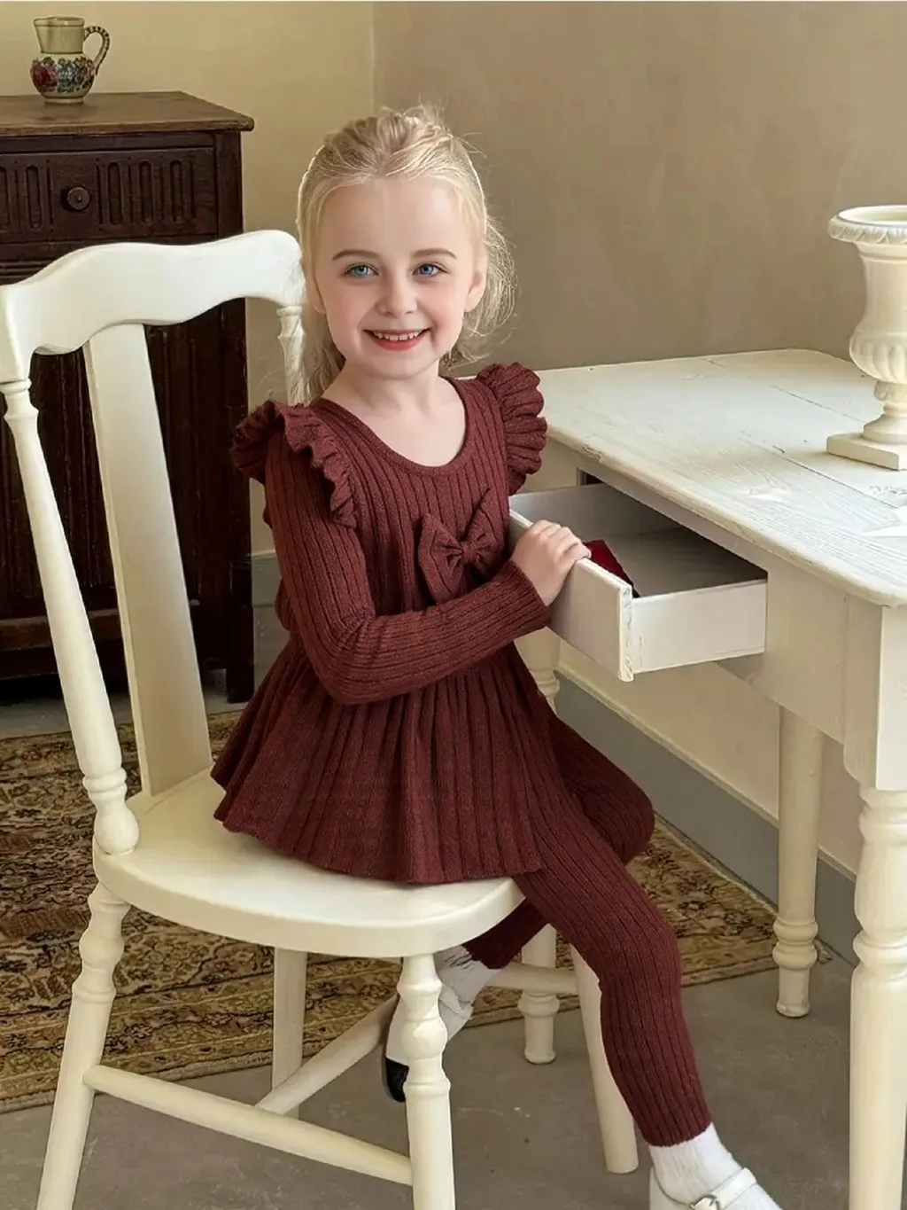 2Pcs Baby Girl Clothes Outfit 2-3 Years Infant Ruffle Long Sleeve Bow Peplum Top + Striped Pants Set Autumn Newborn Baby Apparel