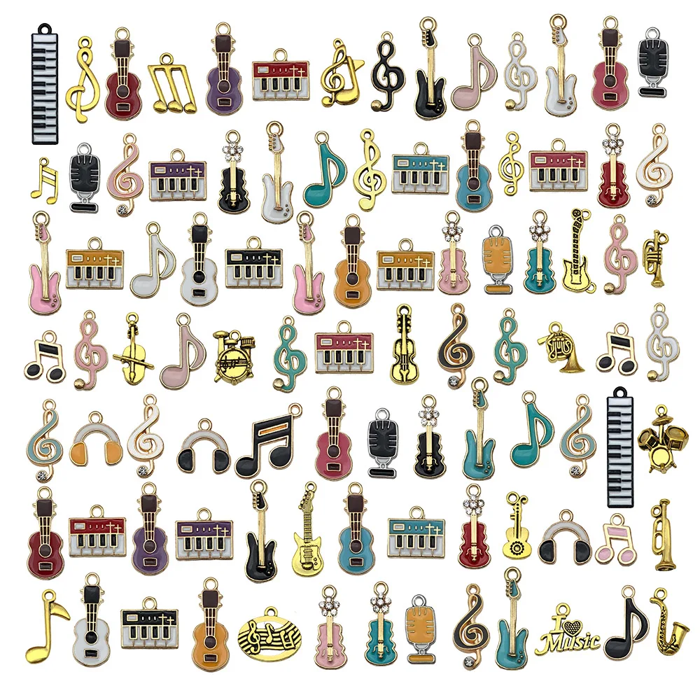 Mix 100 Pcs of Alloy Enamel Music Series Charms Pendants, Suitable for DIY Necklace, Earring, Keychain Jewelry Making Accessory