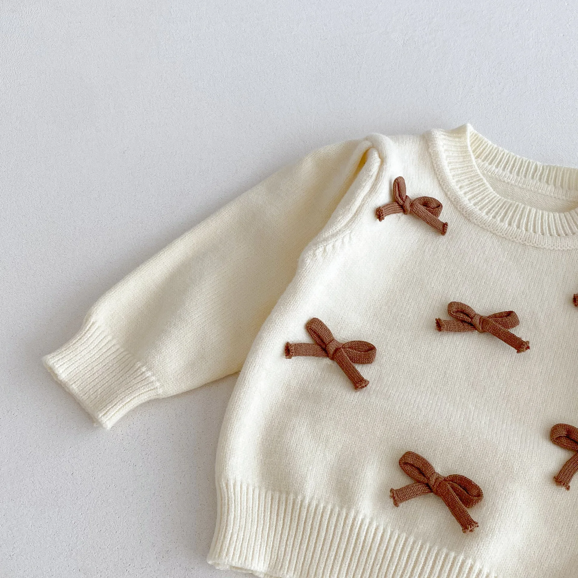 Baby Girl 3-Piece Knitted Outfit Set Autumn Cute Bowknot Cream Sweater + Brown Ruffle Flared Pants + Mini Bag Girls Clothing