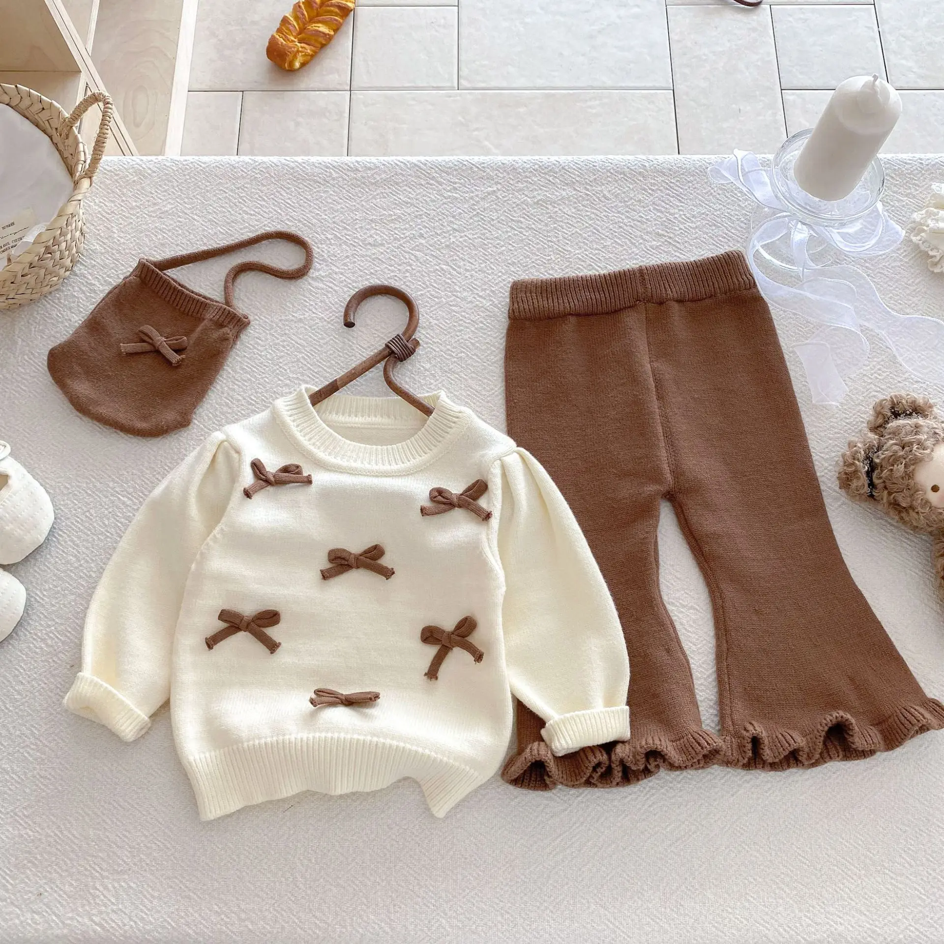 Baby Girl 3-Piece Knitted Outfit Set Autumn Cute Bowknot Cream Sweater + Brown Ruffle Flared Pants + Mini Bag Girls Clothing