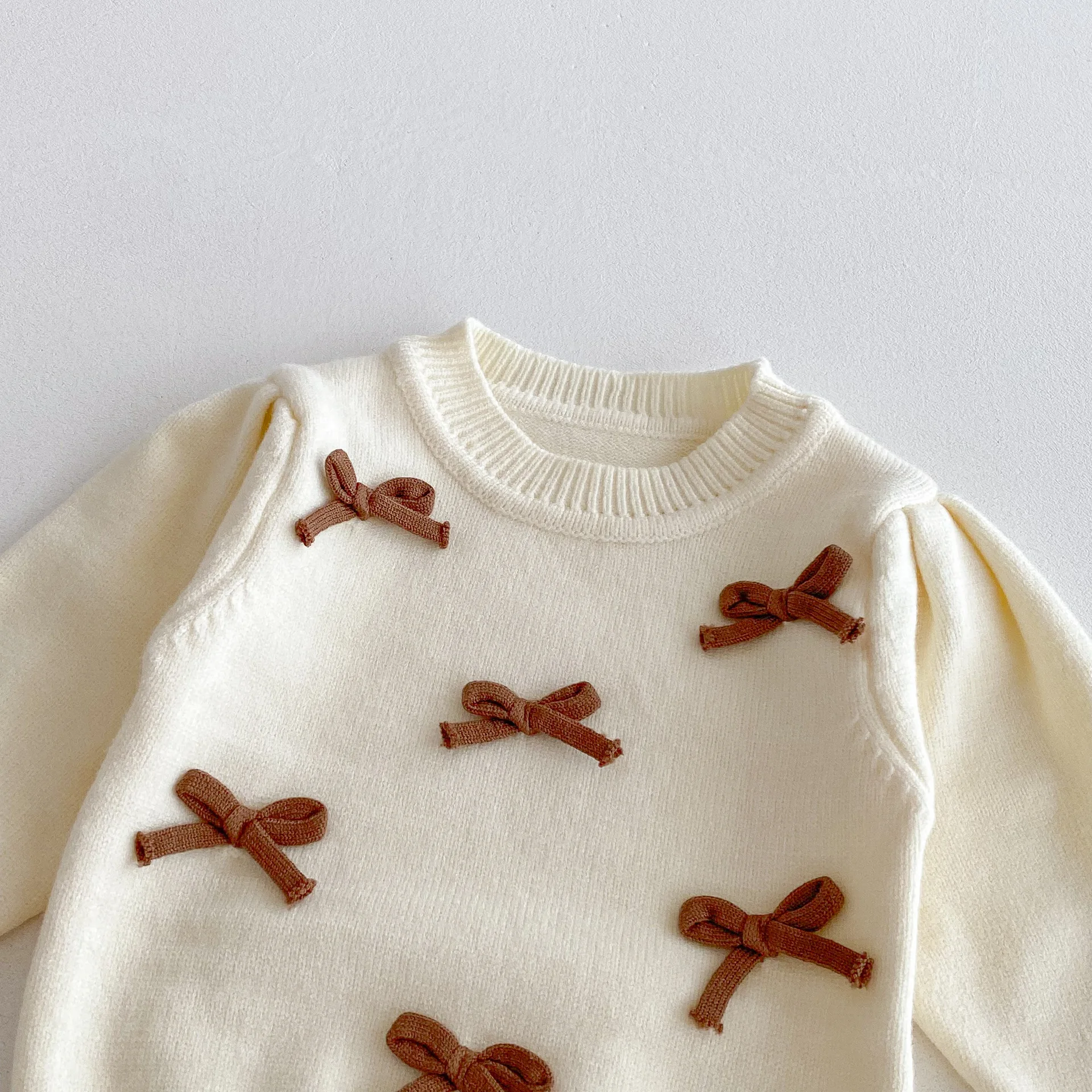Baby Girl 3-Piece Knitted Outfit Set Autumn Cute Bowknot Cream Sweater + Brown Ruffle Flared Pants + Mini Bag Girls Clothing