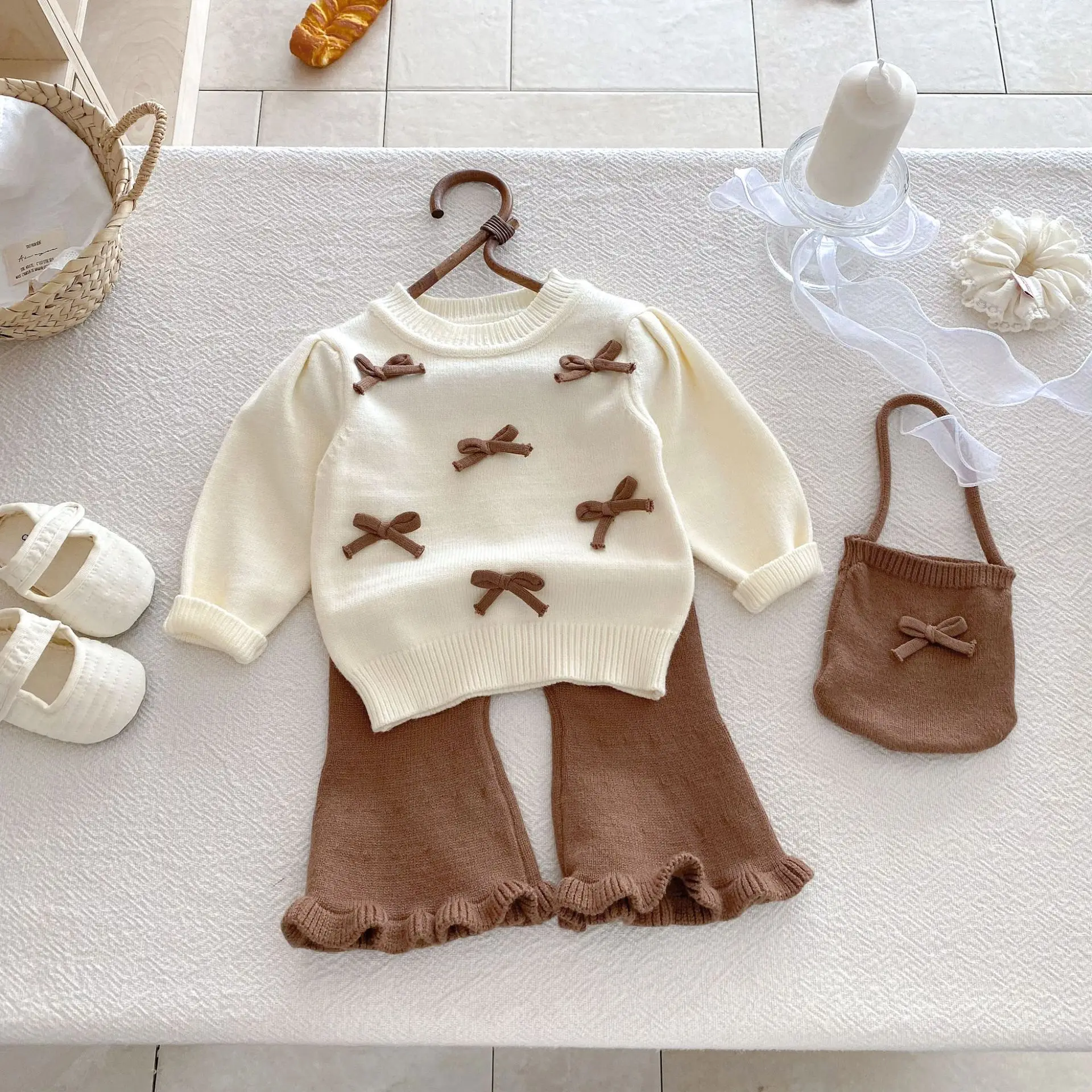 Baby Girl 3-Piece Knitted Outfit Set Autumn Cute Bowknot Cream Sweater + Brown Ruffle Flared Pants + Mini Bag Girls Clothing