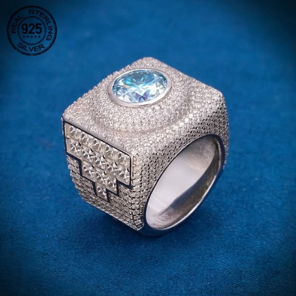 Luxury Big Square 925 Sterling Silver Hip Hop Rings Sea Blue Lab Diamond Wedding Band Ring Icy Out Cocktail Party Jewelry