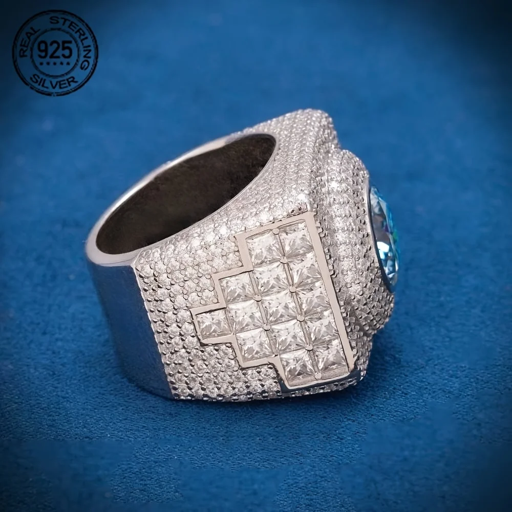 Luxury Big Square 925 Sterling Silver Hip Hop Rings Sea Blue Lab Diamond Wedding Band Ring Icy Out Cocktail Party Jewelry
