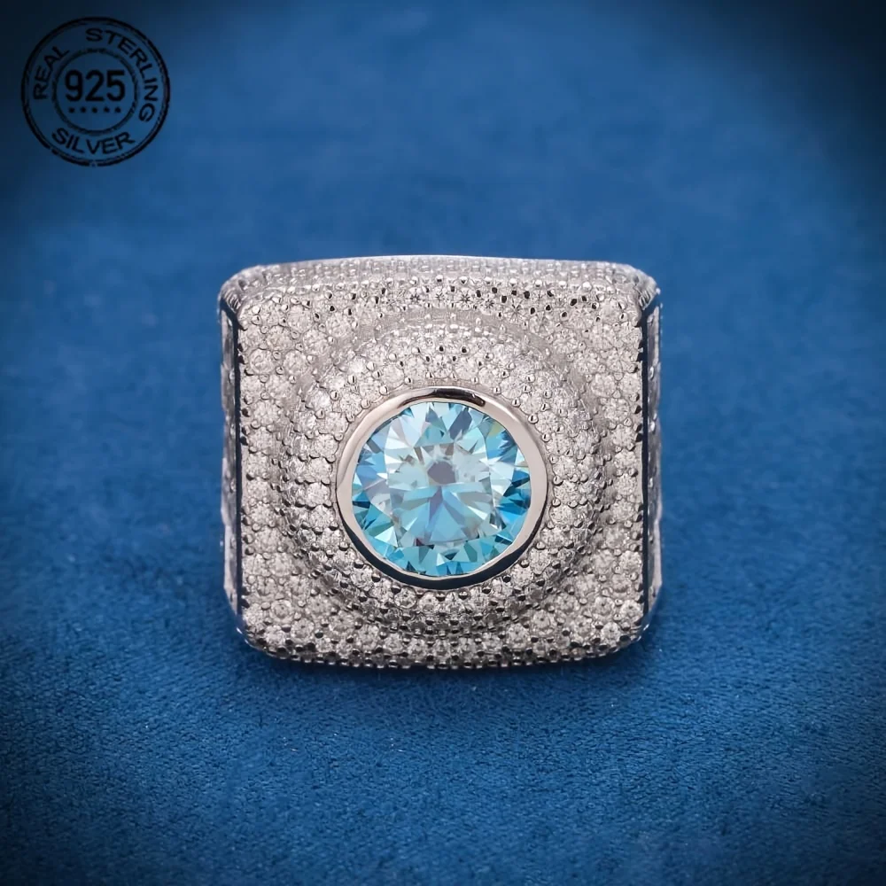 Luxury Big Square 925 Sterling Silver Hip Hop Rings Sea Blue Lab Diamond Wedding Band Ring Icy Out Cocktail Party Jewelry