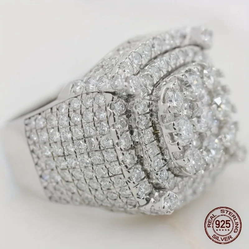 3Ct Men's 925 Sterling Silver Cluster Engagement Ring Luxury Platinum Plated Square Icy Out Hip Hop Rock Rings Jewelry
