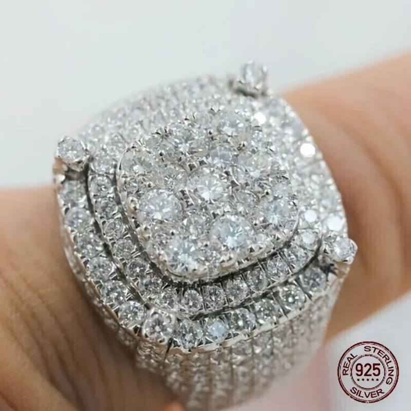 3Ct Men's 925 Sterling Silver Cluster Engagement Ring Luxury Platinum Plated Square Icy Out Hip Hop Rock Rings Jewelry